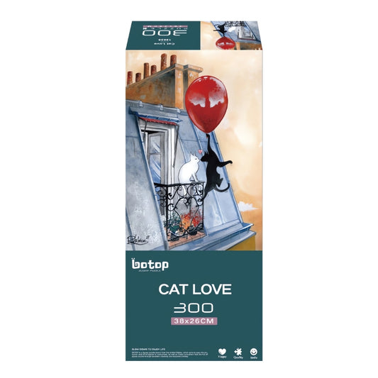 Botop 300 piece puzzle box showing a white and black cat on a rooftop with a red balloon