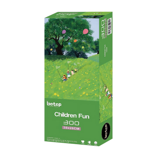 Children running through a green meadow with butterfly nets and colourful balloons under a large tree.