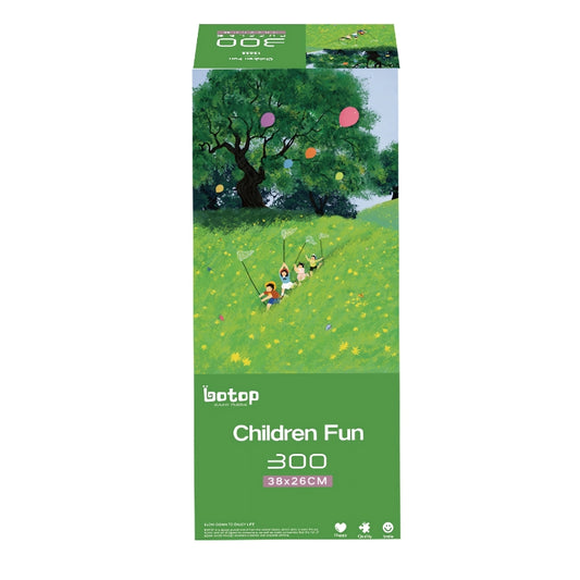 Children running through a green meadow with butterfly nets and colourful balloons under a large tree.