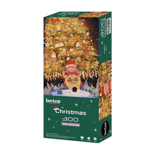 Boxed 300-piece Botop Christmas puzzle with girl in sleigh under a festive Christmas tree.