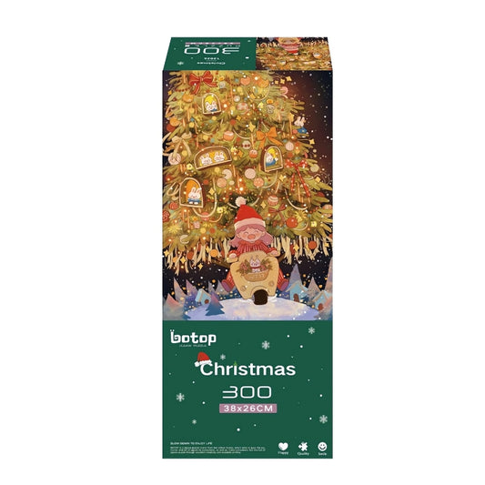 Boxed 300-piece Botop Christmas puzzle with girl in sleigh under a festive Christmas tree.
