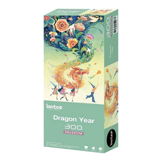 Boxed 300-piece Botop Dragon Year puzzle with a festive dragon and swirling floral art.