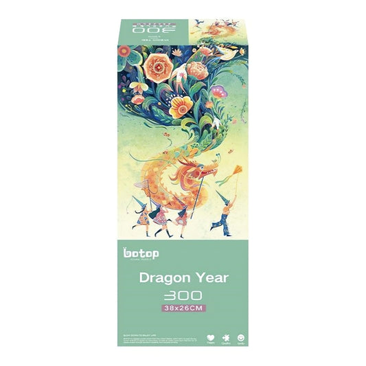 Boxed 300-piece Botop Dragon Year puzzle with a festive dragon and swirling floral art.