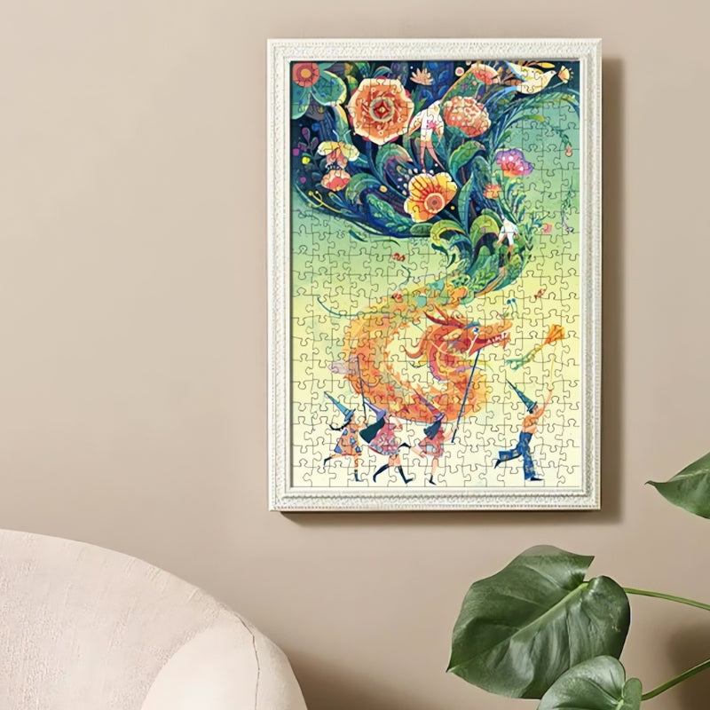 Framed Botop Dragon Year puzzle artwork with vivid dragon and floral design on display.