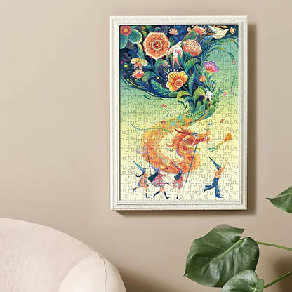 Framed Botop Dragon Year puzzle artwork with vivid dragon and floral design on display.