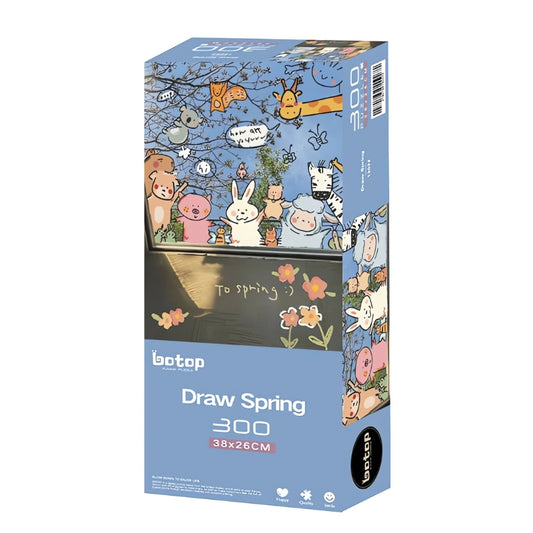 Draw Spring puzzle box featuring cute animals drawn on a window with spring flowers