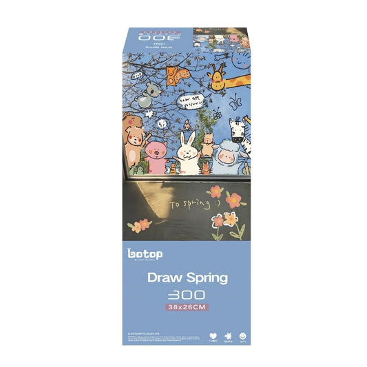 Draw Spring puzzle box featuring cute animals drawn on a window with spring flowers