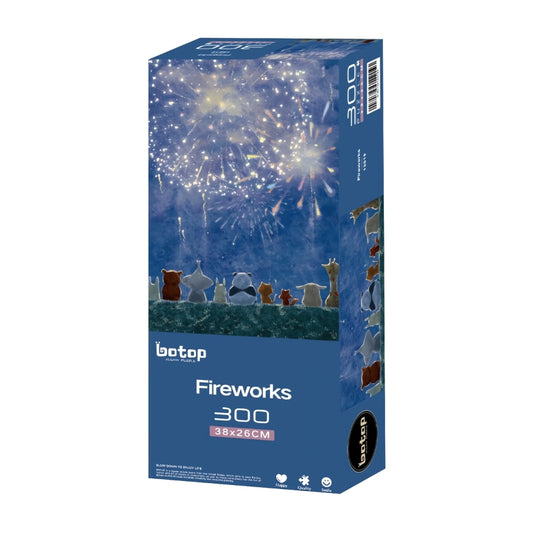 Botop 300-piece puzzle box with animals watching fireworks in a starry night sky.