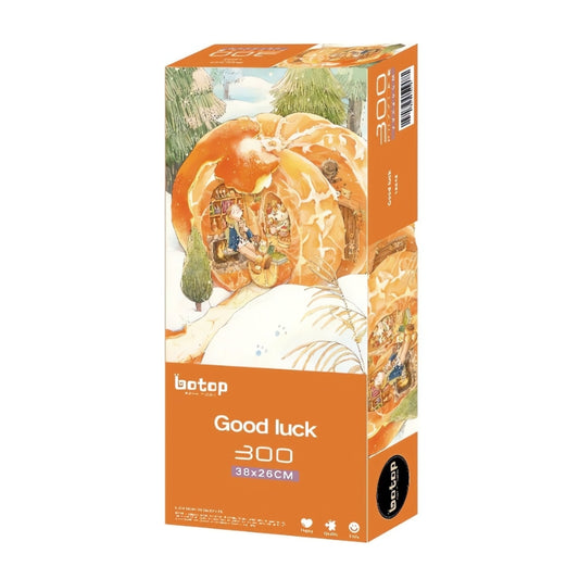 Good Luck puzzle box by Botop, 300 pieces, orange packaging with cosy mandarin house scene