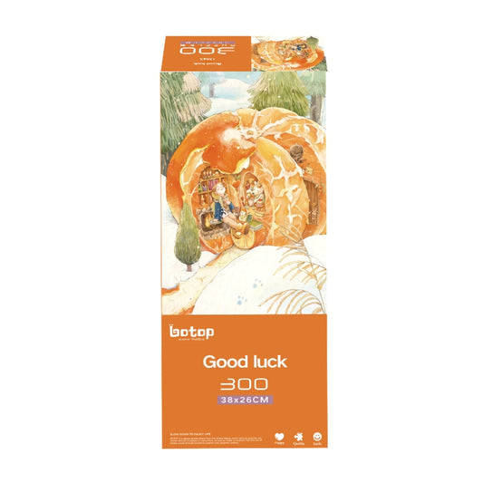 Good Luck puzzle box by Botop, 300 pieces, orange packaging with cosy mandarin house scene