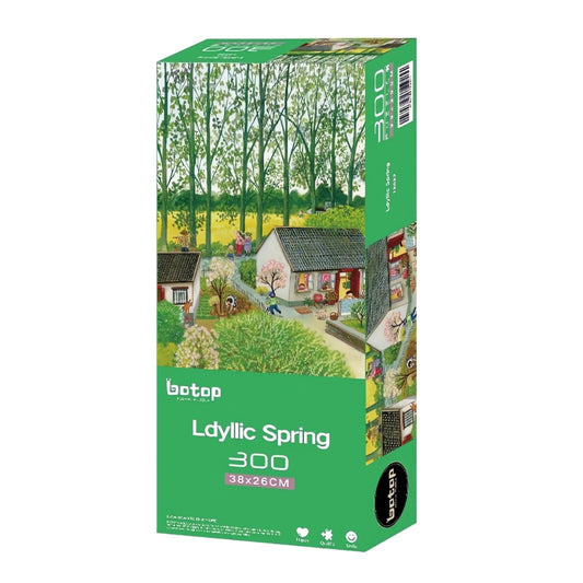 Botop Idyllic Spring 300 piece puzzle box showing colourful spring village scene with cottages and trees.