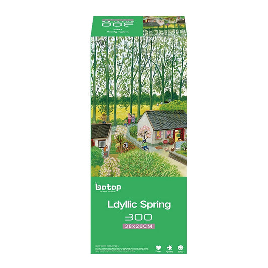 Botop Idyllic Spring 300 piece puzzle box showing colourful spring village scene with cottages and trees.