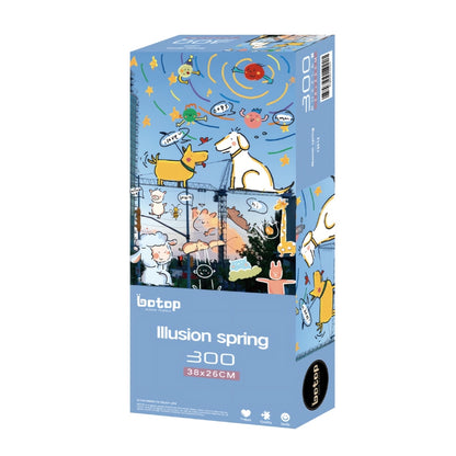 Puzzle box showing colourful doodles of animals and stars on a spring sky background