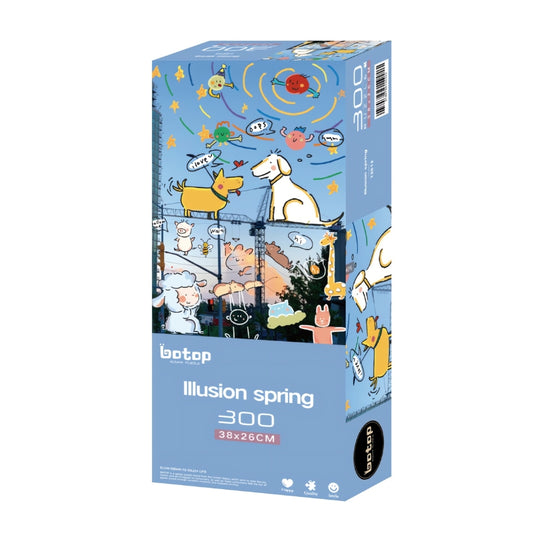 Puzzle box showing colourful doodles of animals and stars on a spring sky background