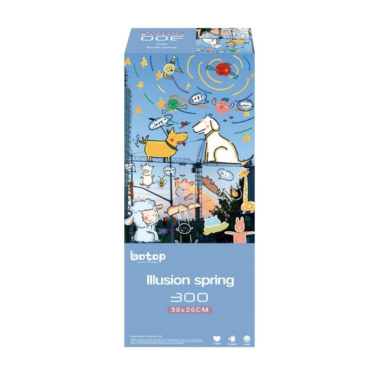 Puzzle box showing colourful doodles of animals and stars on a spring sky background