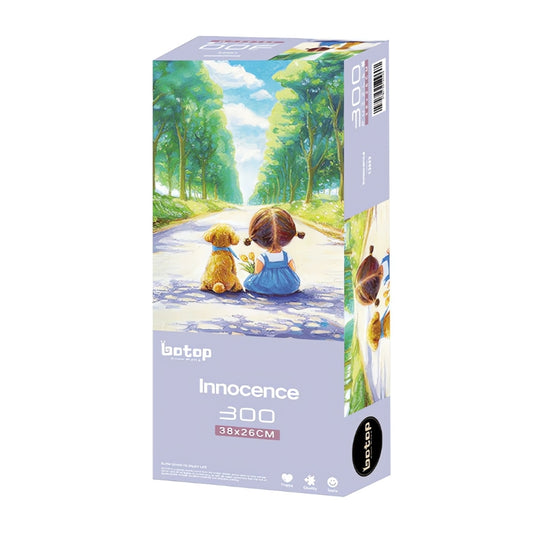 Boxed 300-piece Botop Innocence puzzle with artwork of a girl and dog on a tree-lined path.
