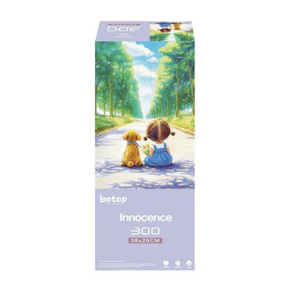 Boxed 300-piece Botop Innocence puzzle with artwork of a girl and dog on a tree-lined path.