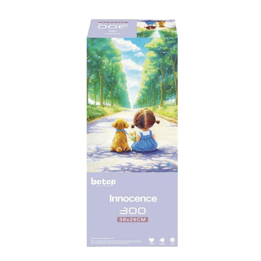 Boxed 300-piece Botop Innocence puzzle with artwork of a girl and dog on a tree-lined path.