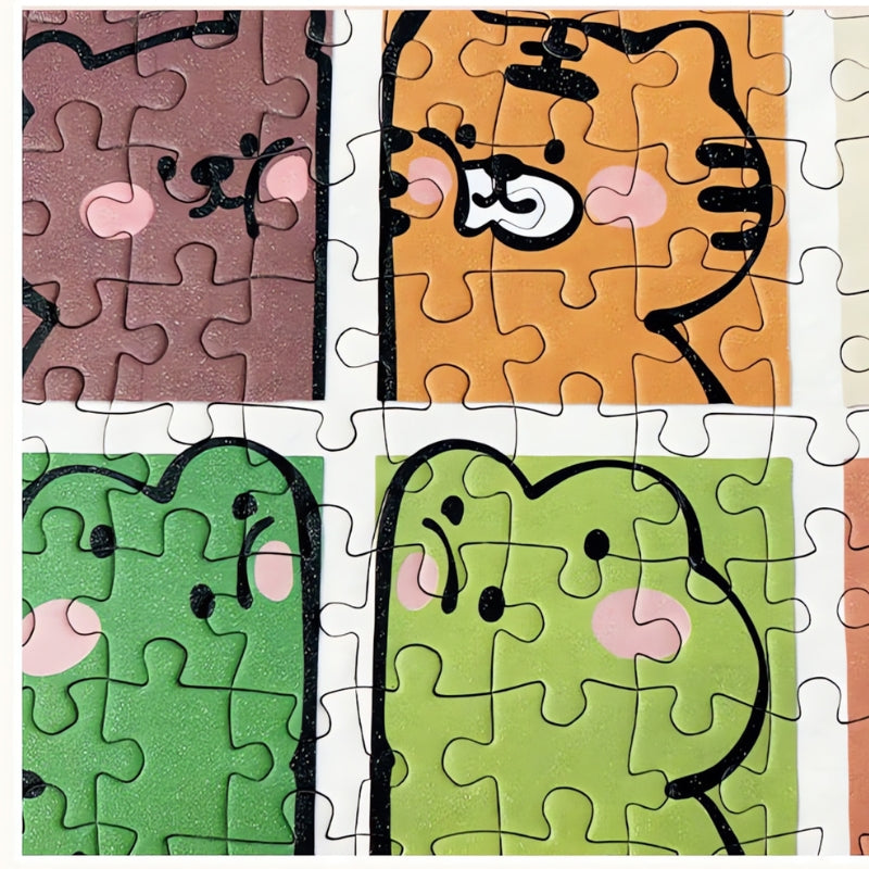Close-up of Our Friends puzzle surface with cartoon tiger, frog, and bear illustrations