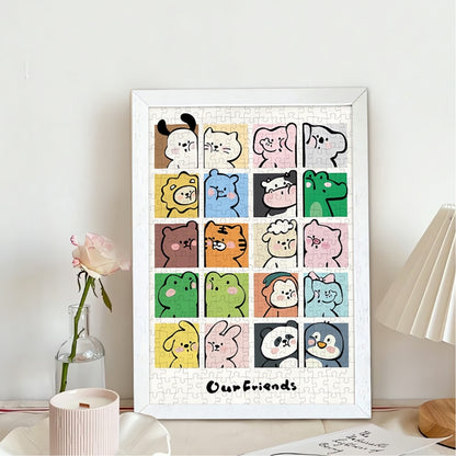 Completed and framed Our Friends puzzle displayed on table with rose and lamp