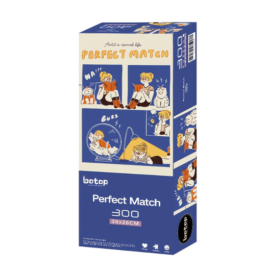 Botop 300 piece jigsaw puzzle box showing comic-style panels titled "Perfect Match" in blue and orange.