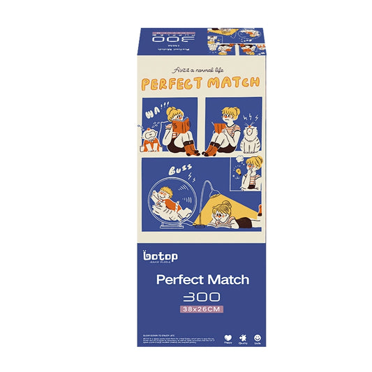   Botop 300 piece jigsaw puzzle box showing comic-style panels titled "Perfect Match" in blue and orange.