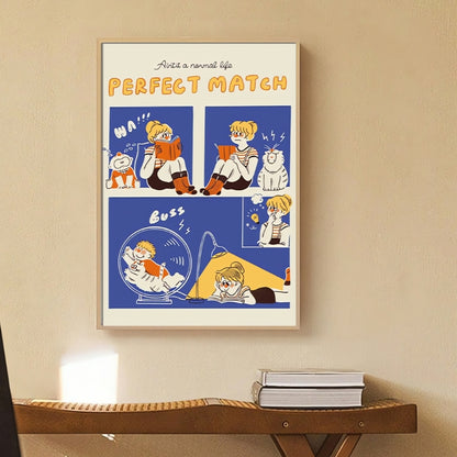 Framed jigsaw puzzle of comic-style artwork with girl and pets, titled "Perfect Match" on wall.