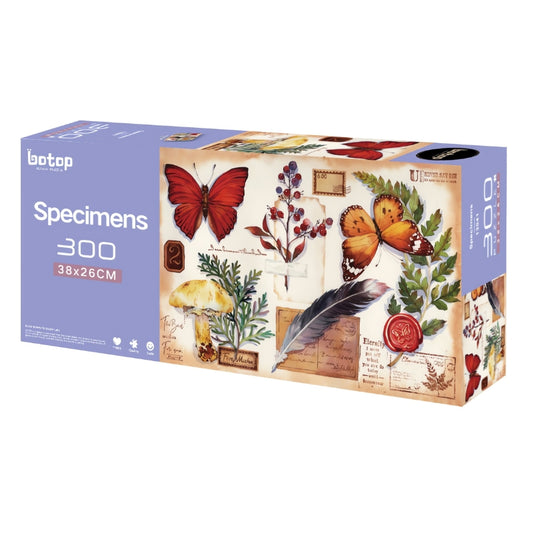 Purple box of Botop Specimens 300 piece puzzle featuring illustrated butterflies, plants, and vintage ephemera.