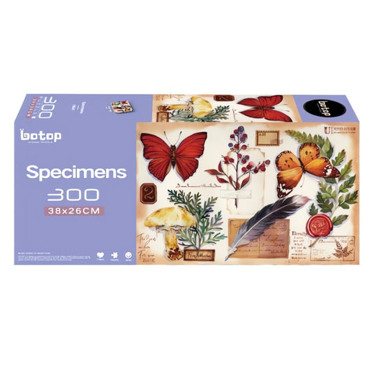 Purple box of Botop Specimens 300 piece puzzle featuring illustrated butterflies, plants, and vintage ephemera.