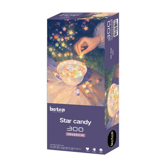 Box of Star Candy puzzle showing hand sprinkling glowing star-shaped candies into a teacup.