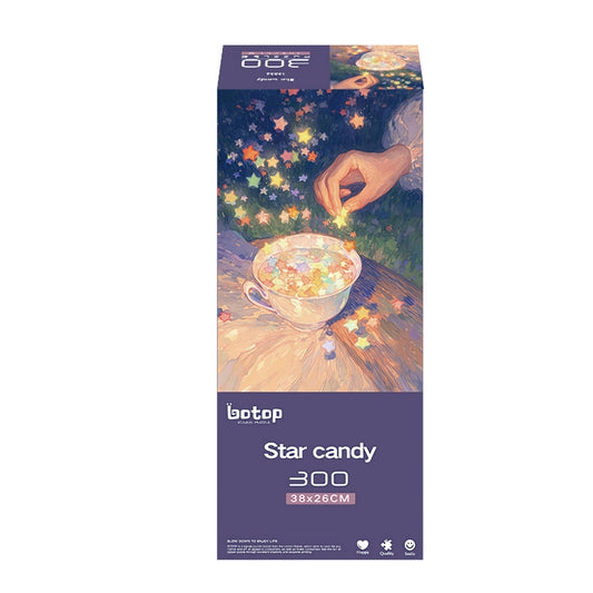 Box of Star Candy puzzle showing hand sprinkling glowing star-shaped candies into a teacup.