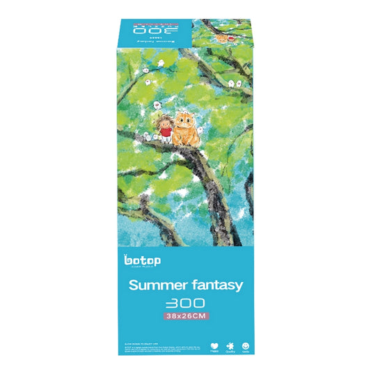 Summer Fantasy puzzle box with whimsical drawing of a girl and an orange cat in a tree.