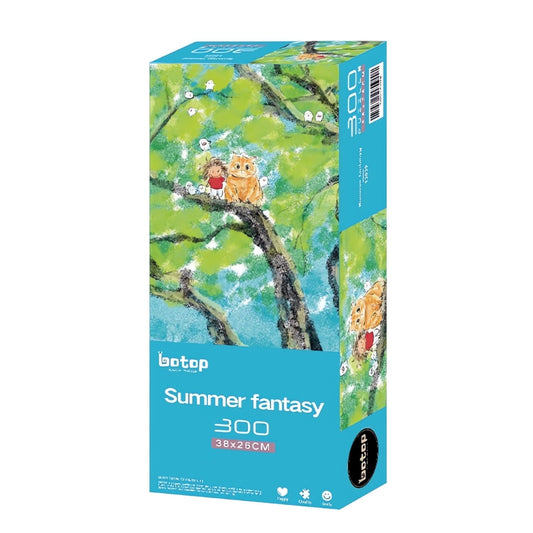 Summer Fantasy puzzle box with whimsical drawing of a girl and an orange cat in a tree.