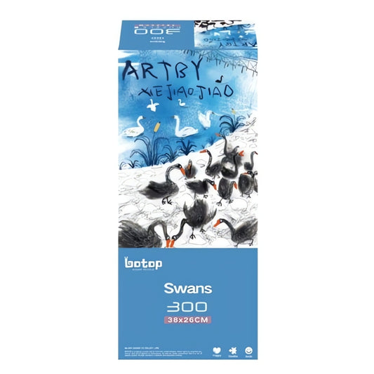Box cover showing black and white swans near a blue pond with "Art by Xie Jiaojiao" text