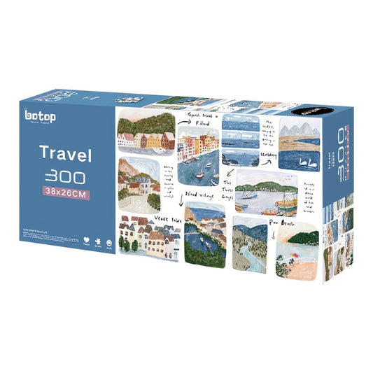 Boxed 300-piece Botop Travel puzzle with colorful illustrated travel scenes.
