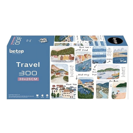 Boxed 300-piece Botop Travel puzzle with colorful illustrated travel scenes.