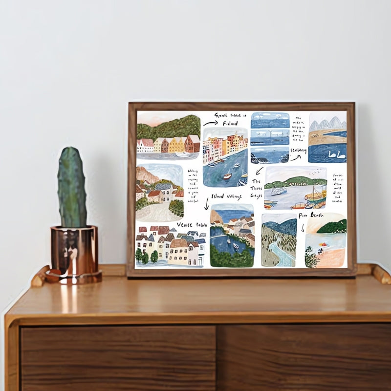 Completed Botop Travel puzzle framed and displayed on a cabinet with a cactus.