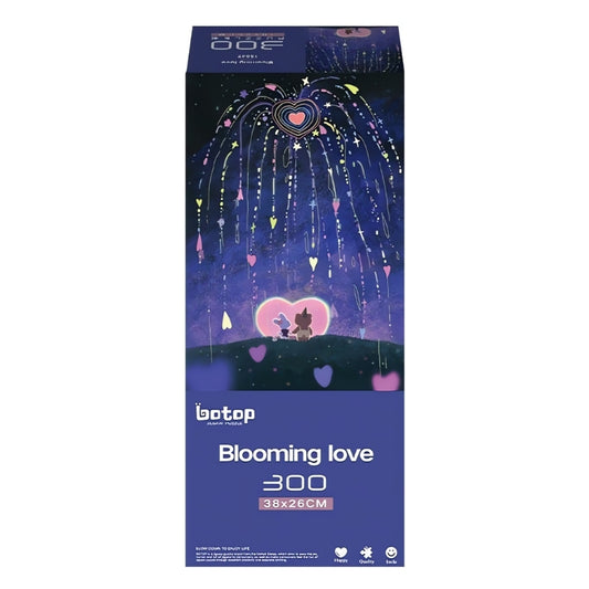 Blooming Love 300 piece puzzle by Botop featuring a glowing heart sky scene with two cartoon animals watching fireworks