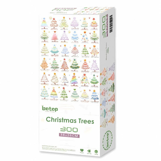 BOTOP Christmas Trees 300-piece puzzle box with illustrations of colourful, stylised Christmas trees
