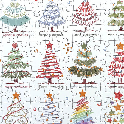 Zoomed-in section of Christmas Trees puzzle with various tree styles, decorations, and “Merry Christmas” text