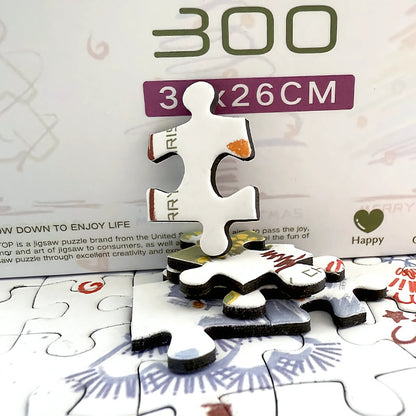 Close-up of Christmas Trees puzzle pieces, showing thickness and quality with festive colours and patterns