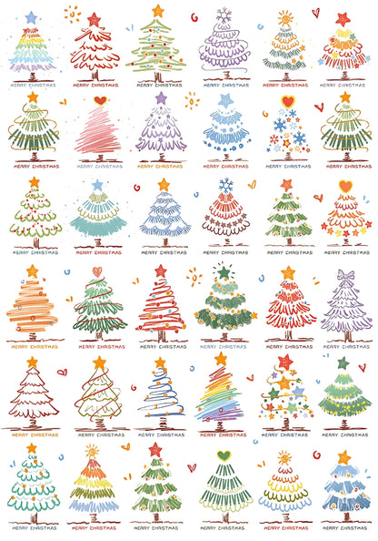 Completed Christmas Trees puzzle featuring rows of colourful hand-drawn Christmas tree designs on a white background