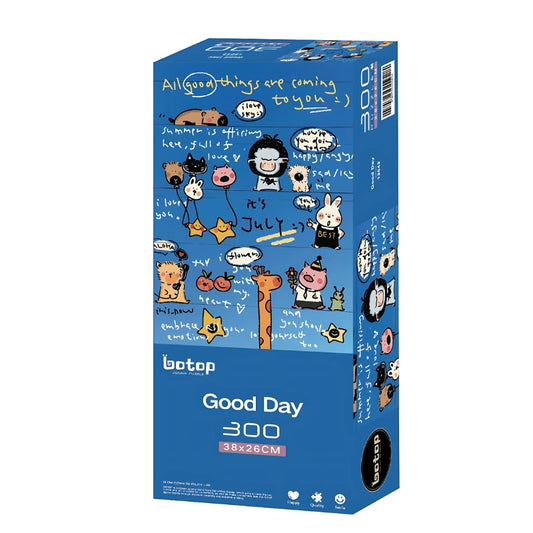 Good Day 300-piece puzzle box featuring cute doodle-style animals and positive messages on a blue background