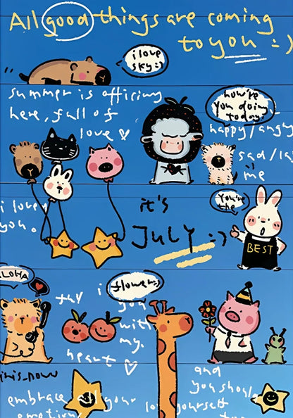 Good Day puzzle illustration with cartoon animals and handwritten motivational quotes on a bright blue backdrop