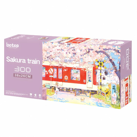 BOTOP Sakura Train puzzle box, featuring a cherry blossom scene with a red train and pastel spring background