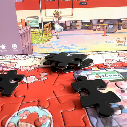 Close-up of Sakura Train puzzle pieces beside the box, showing cherry blossom print and thick puzzle quality