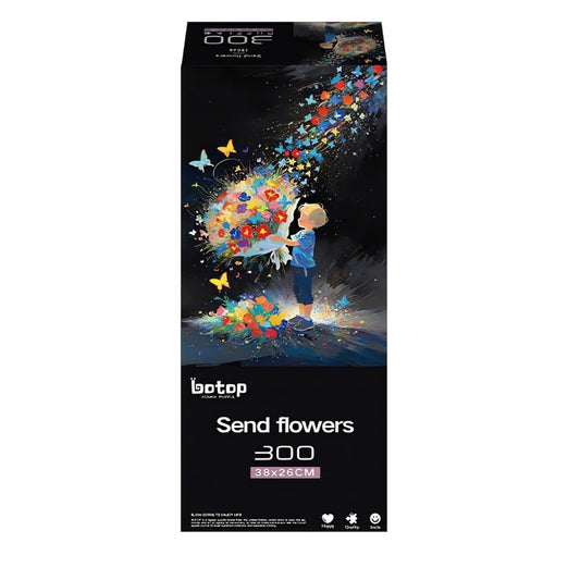 Puzzle box showing a child holding a bright floral bouquet with butterflies on a black background