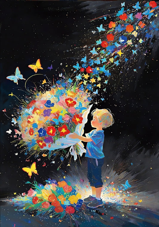 Send Flowers 300 piece puzzle artwork featuring a young boy holding a vibrant bouquet with butterflies flying into the sky