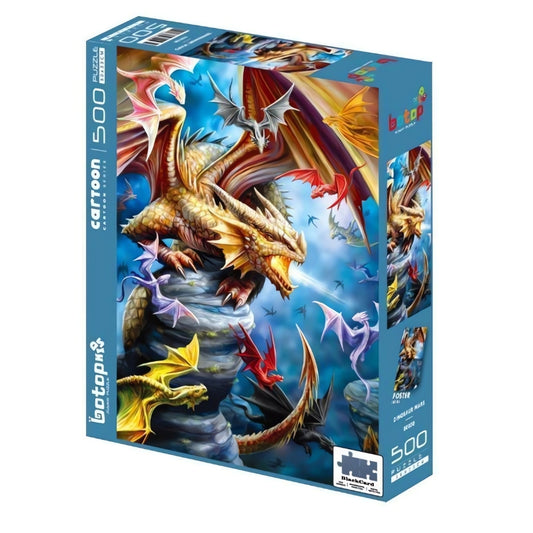 Dinosaur Wars 500 piece puzzle by Botop showing fiery dragons in battle on a rocky cliff