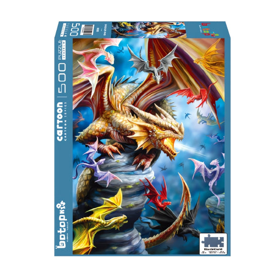 Dinosaur Wars 500 piece puzzle by Botop showing fiery dragons in battle on a rocky cliff